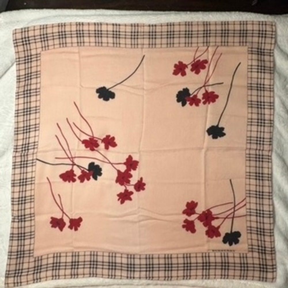 Vtg BURBERRY Scarf Handkerchief Floral Nova Check Pink 23x23